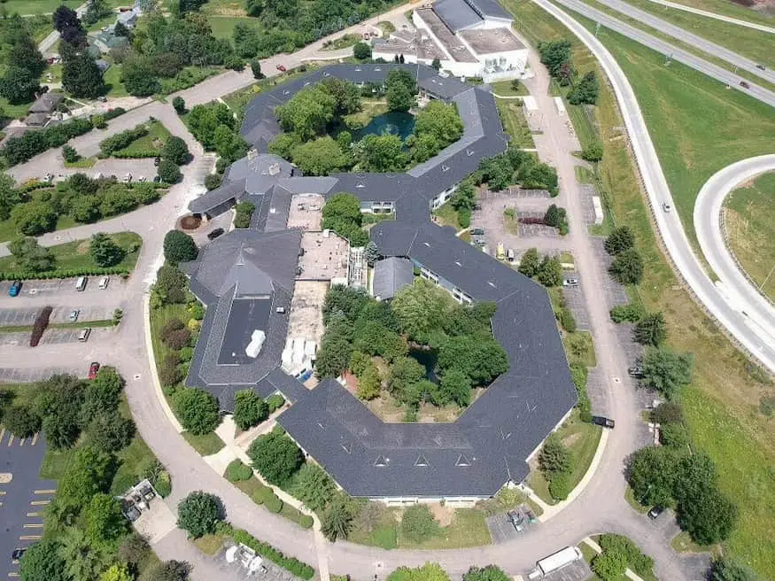 Aerial view of the Cherry Valley Hotel roofing project in Newark, Ohio